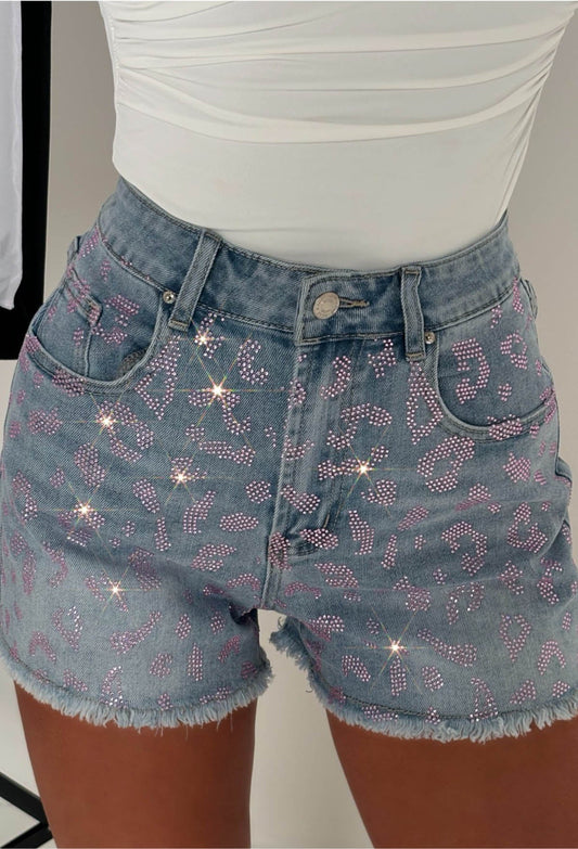 Wild Days Mid Blue Stretch Denim Hotfix Leopard Shorts