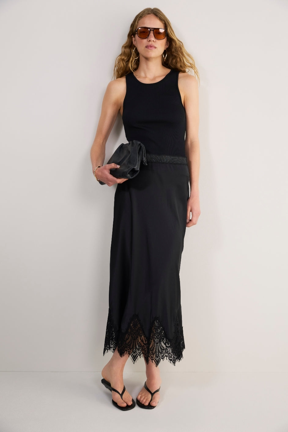 Ella Silk Lace Trim Skirt - Black