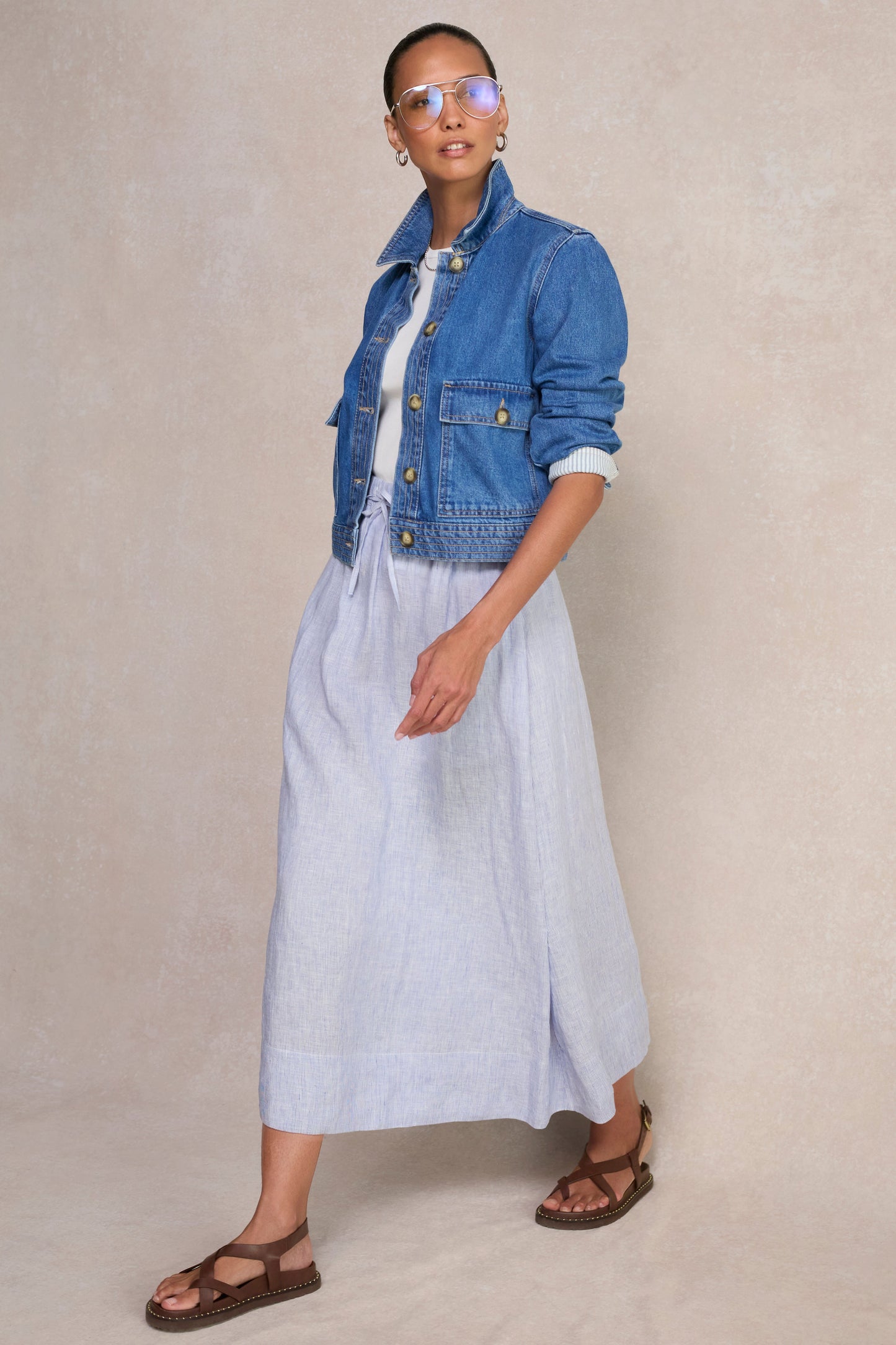 Marina Linen Skirt - Blue/Ivory Stripe