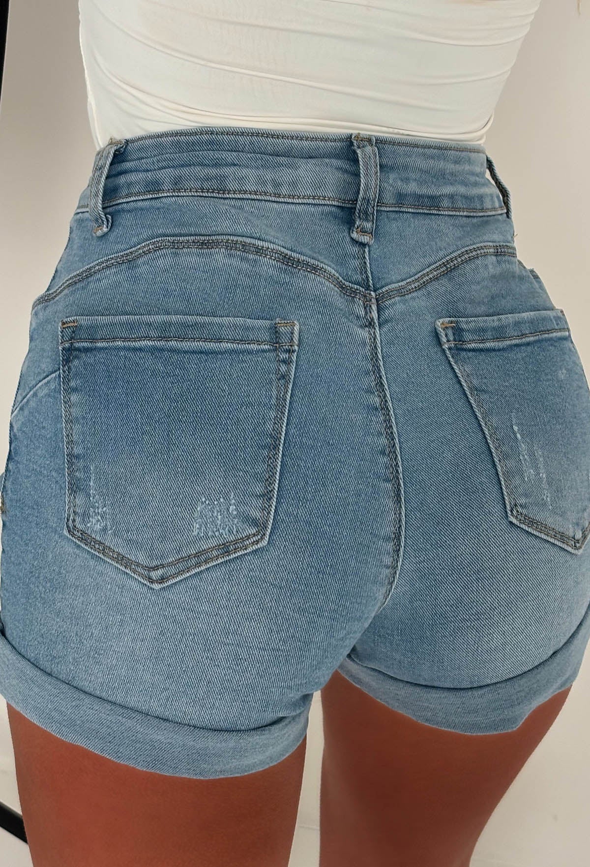 Turn Me Around Mid Wash Stretch Distressed Denim Turn Up Shorts